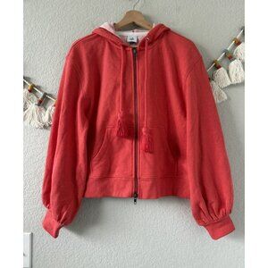 Cabi Deluxe Tassle Balloon Sleeve Zip Hooded Sweater Orange Red Boho Relaxed S